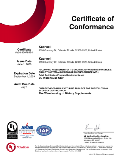 UL Certificate of Conformance, UL Warehouse GMP, Kaerwell, Orlando