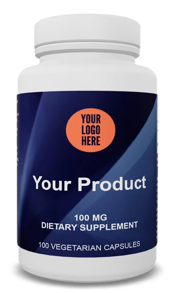 A private label supplement bottle with a Your logo here label