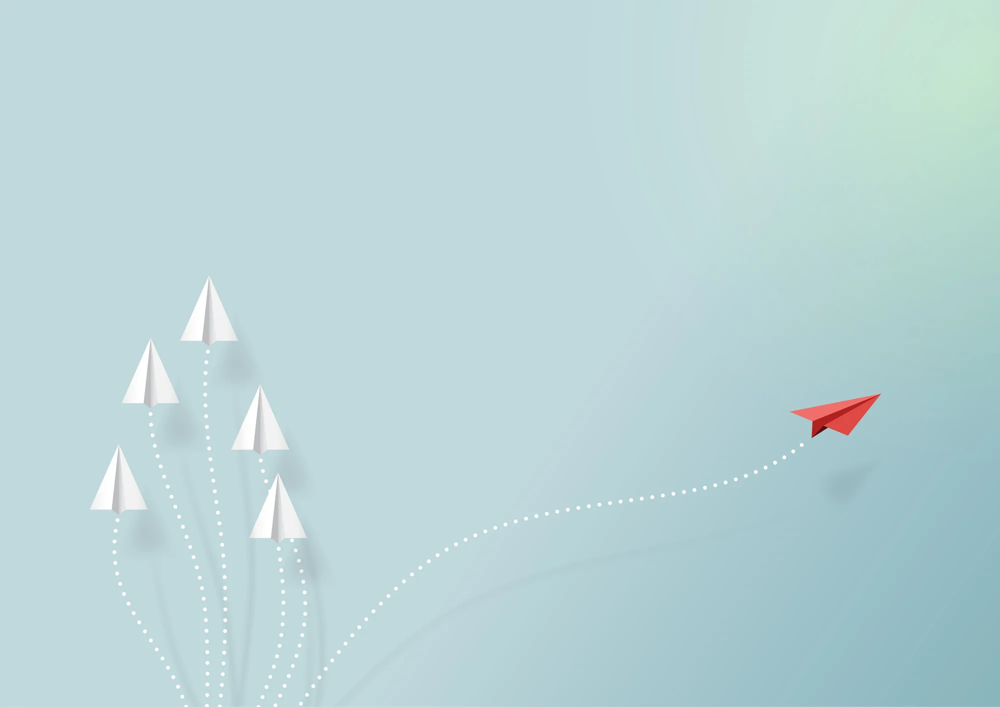 Four white paper planes flying straight up while a red one breaks away on its own path