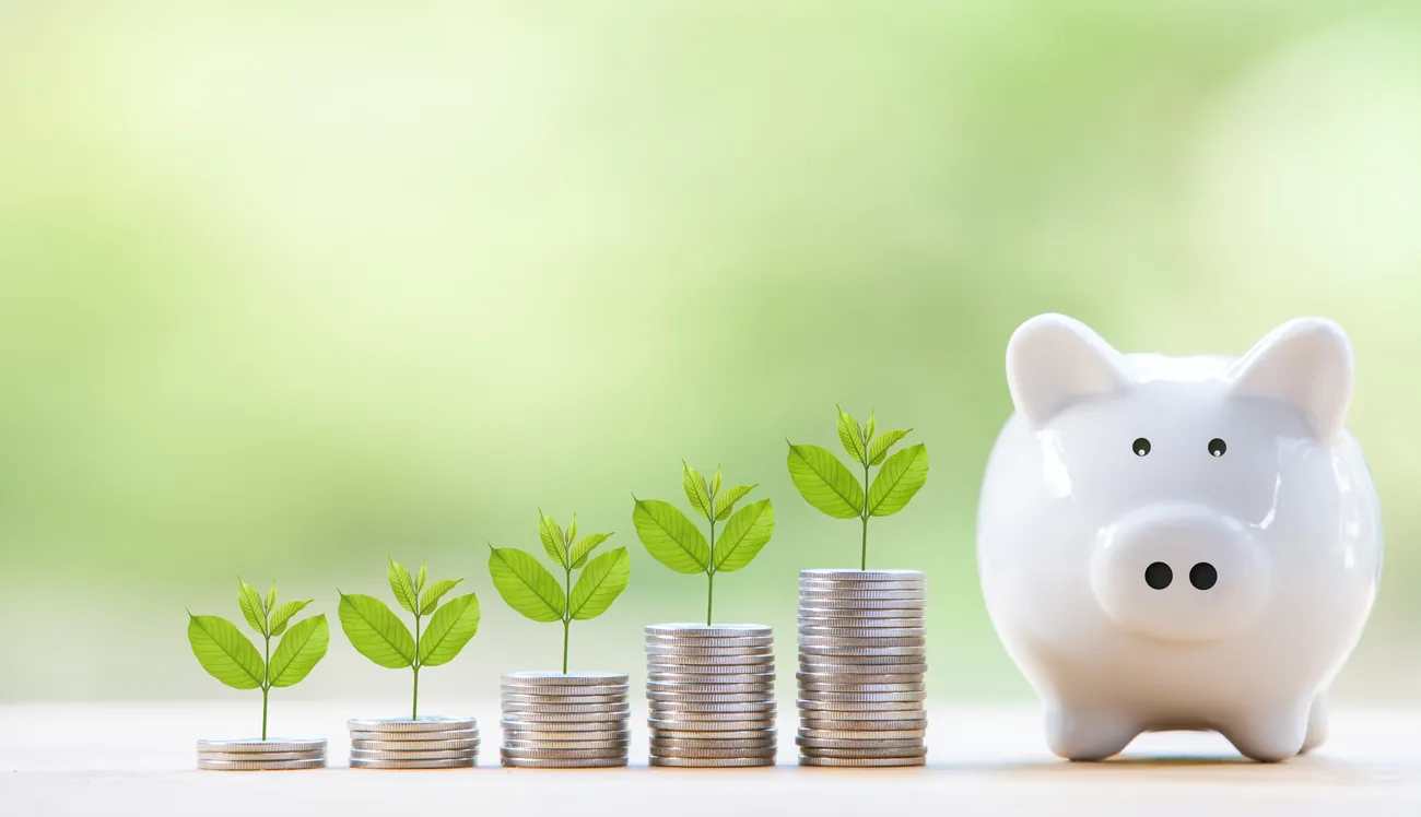 Coin stacks growing taller beside a piggy bank