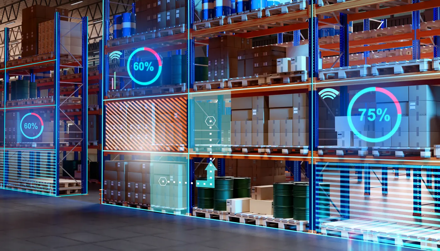 Warehouse racking with live inventory levels shown over the shelves
